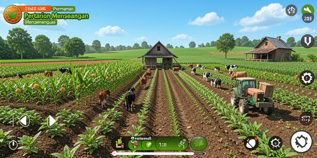 Gameplay seru dalam 234E dengan kegiatan bertani yang beragam.