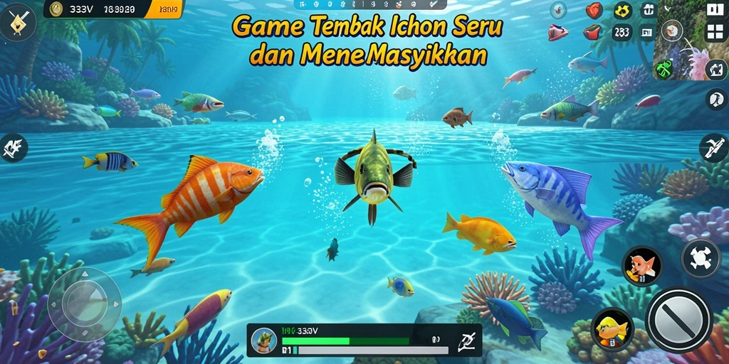 Tangkapan layar gameplay 333V yang seru dengan aksi menembak ikan.