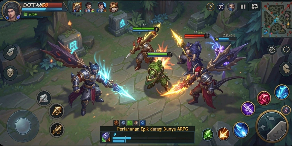 Tampilan gameplay DOTA88 dengan pertarungan seru dan karakter yang beragam.