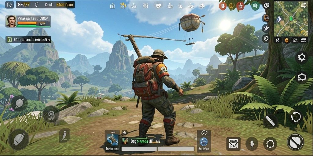 Tangkapan layar gameplay GF777 yang menunjukkan eksplorasi dunia terbuka.