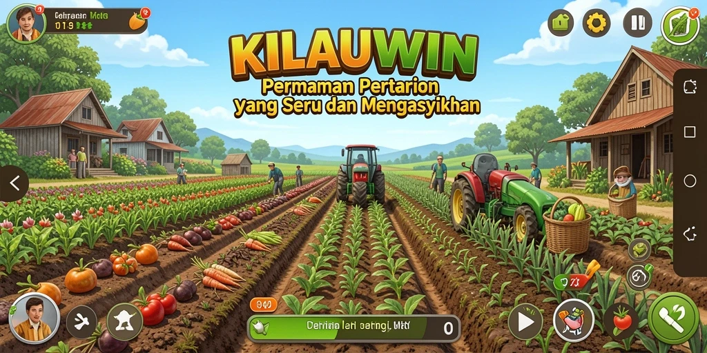 Tampilan gameplay KILAUWIN dengan ladang produktif dan hewan ternak.