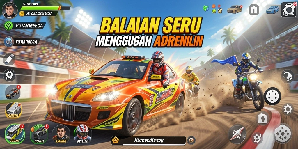 Tangkapan layar gameplay PUTARMEGA menampilkan balapan yang intens dan seru.