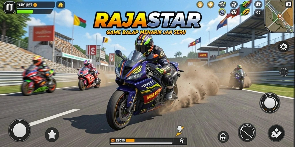 Gameplay seru balapan motor di RAJASTAR, menunjukkan aksi mendebarkan.