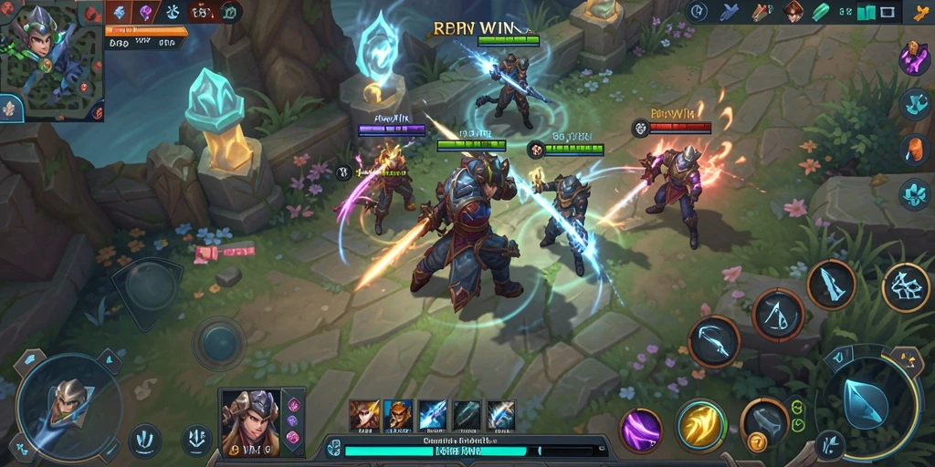 Screenshot gameplay MOBA RPWIN yang menunjukkan pertarungan tim yang mendebarkan.